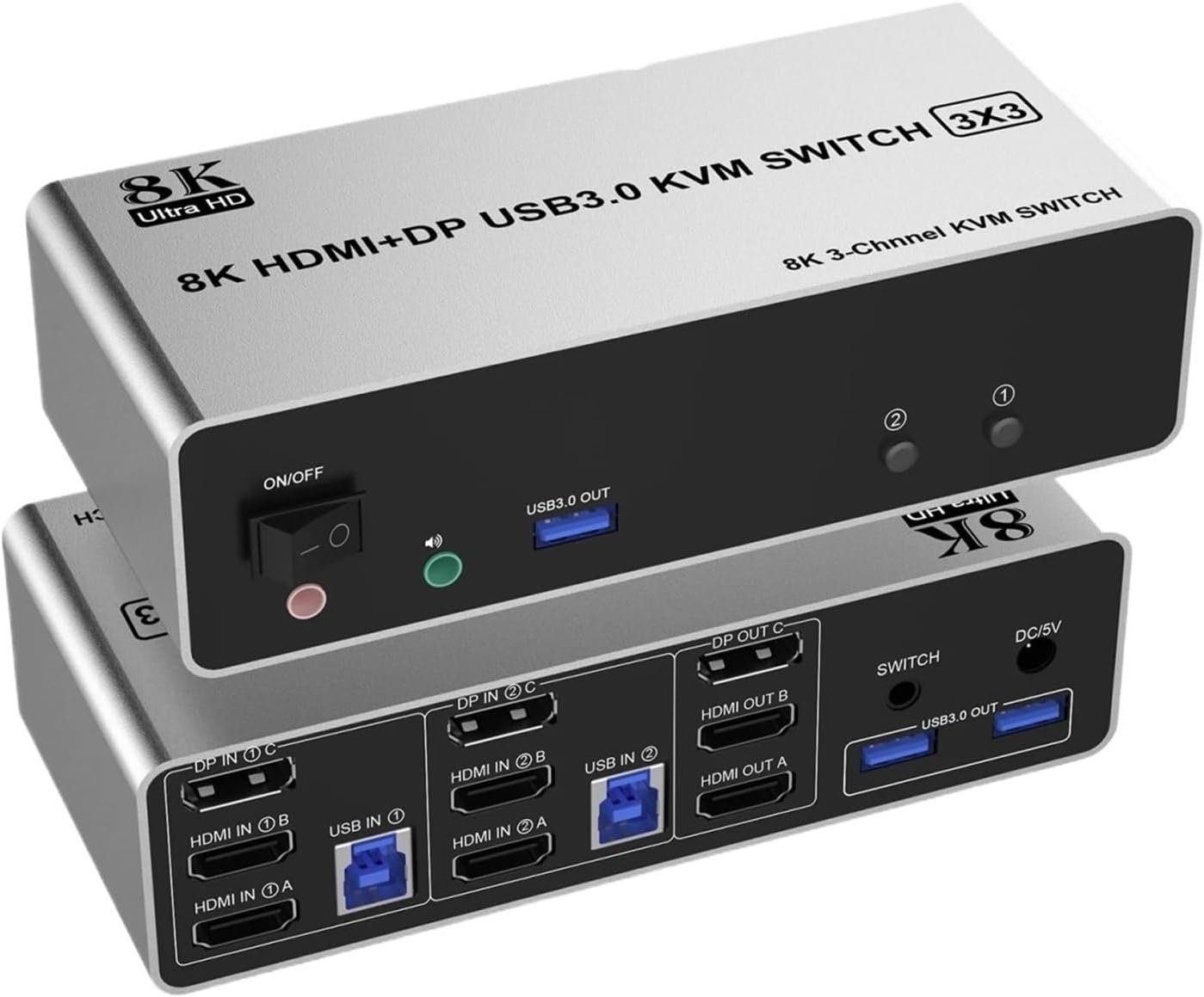 8K Displayport + 2 HDMI Triple Monitor KVM Switch 3 Monitors 2 Computers,8K@60Hz KVM Switch with Audio Mic and 3 USB 3.0 Ports(with US Plug)