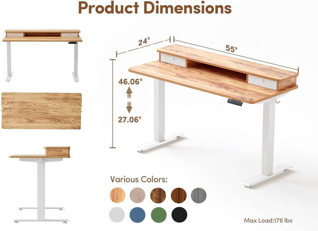 BANTI 55x24 Inch Electric Standing Desk with Dual Drawers, Height Adjustable Stand Up Table, Sit Stand Home Office Desk with Storage Shelf, White Frame/Light Rustic Brown Top