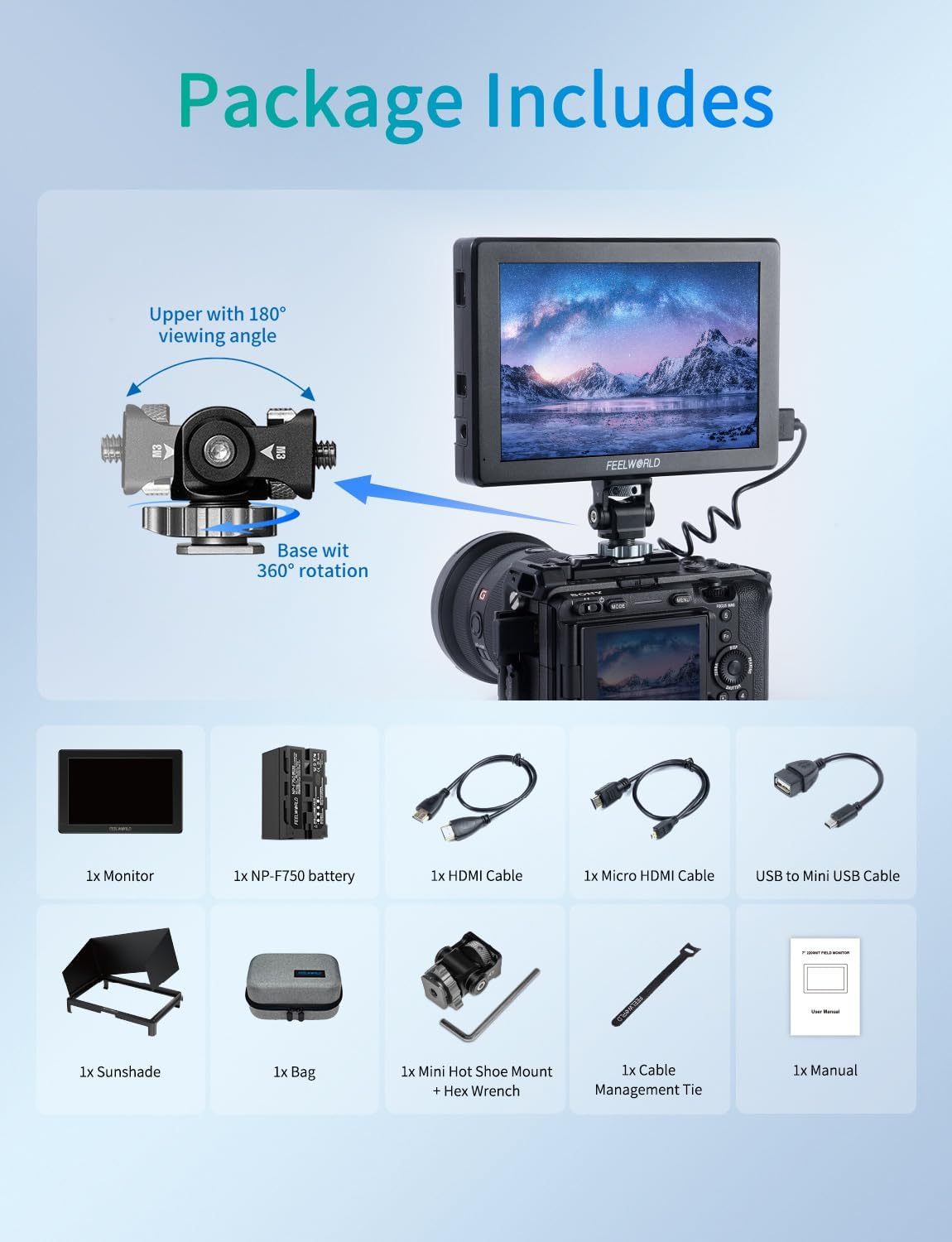 FEELWORLD T7S PRO 7 Inch 2000nit Aluminium Camera Field Video Monitor 1920x1200 IPS 4K HDMI 60 3G SDI Waveform LUT HDR with F750 4400mAh Battery and Bag