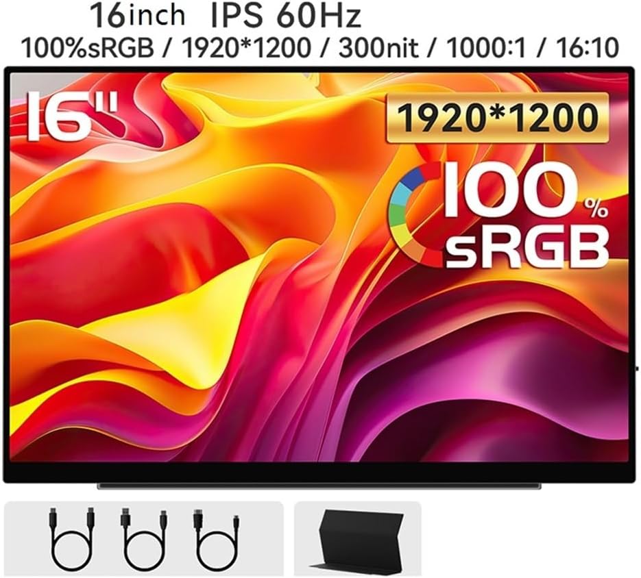 Portable Monitor for Laptop 1920 * 1200 Resolution 16-inch 60HZ IPS Display for Mobile Phone, Office and Games Portable Gaming Monitor