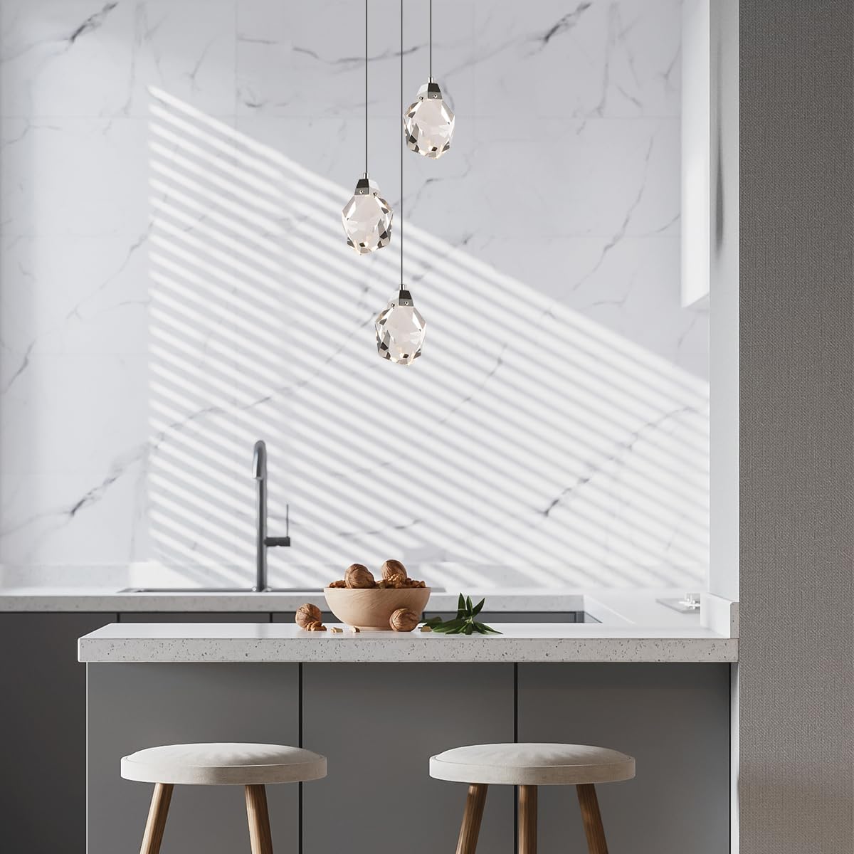 3 Lights Pendant Light Fixture, Cluster Crystal Pendant Lighting Chrome, Modern Dimmable Triple Pendant Chandelier for Kitchen Island, Dining Room