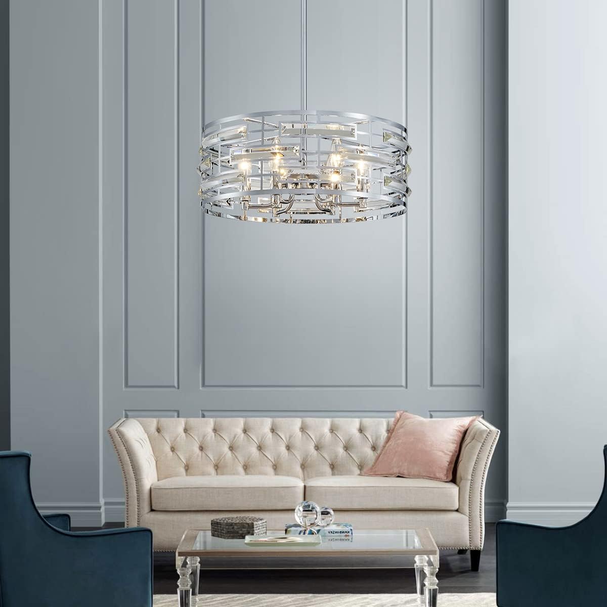 Saint Mossi Modern K9 Crystal Chandeliers, Drum Pedant Light Fixture for Living Space, D18 x H24, Adjustable Chains 59', Chrome Finish Metal Frame