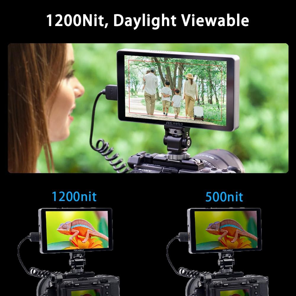 FEELWORLD P6XL 6 Inch Camera Monitor, 1200nit IPS Touch Screen 1920x1080 Built-in 3000mAh Battery Camera Field Monitor with Sunshade, Video Assist HDR Waveform Focus Peaking 3D LUT 4K HDMI