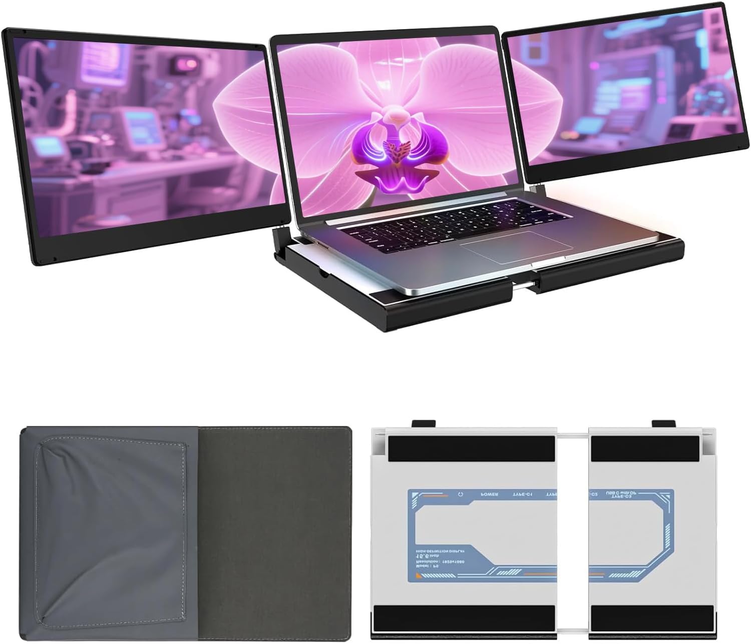 Laptop Screen Extender 14″ – Triple Portable Monitor with 360° Rotation, Detachable Dual Screens, Plug & Play External Display for Windows, Mac, Chrome, USB-C & HDMI Laptops