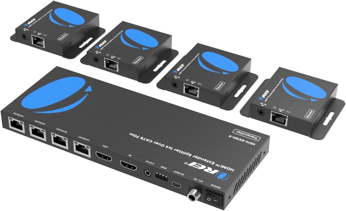 OREI 4K 1x4 HDMI Extender Splitter Over CAT6/7 Ethernet Cable Up to 4K@30Hz upto 165 ft-1080P@60Hz upto 230 ft, IR control, EDID, HDMI Loop Out (HD14-EX165-K)