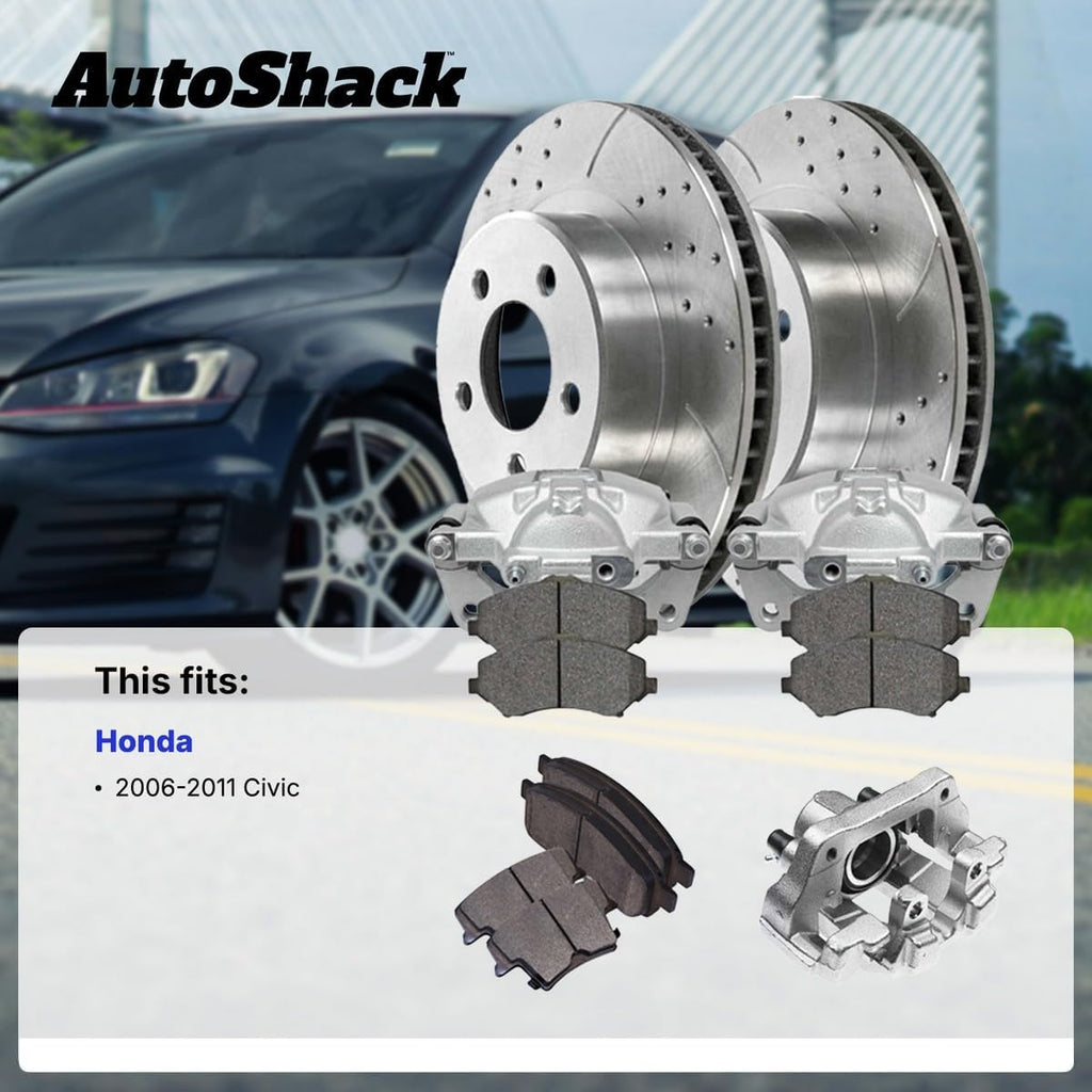 AutoShack Front Brake Rotors, Premium Pads & Calipers for Honda, Civic 2006-2011, FWD L4 1.8L - Silver Zinc Coated Drilled & Slotted - SilverShield Pro - 10.31' (261.9 mm), 5-Lug