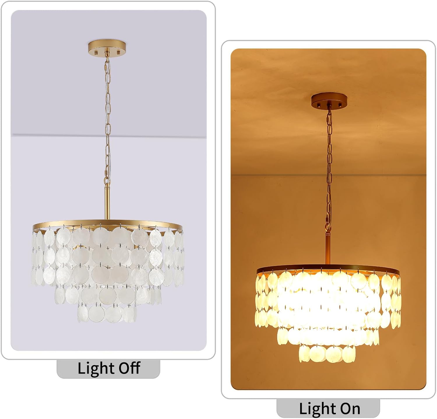 17.72' Capiz Shell Chandelier, 5 Light Modern Coastal Chandeliers, Gold Dining Room Light Fixture, Natural Seashell Hanging Light Fixtures for Living Room Bedroom Kitchen Foyer Bathroom