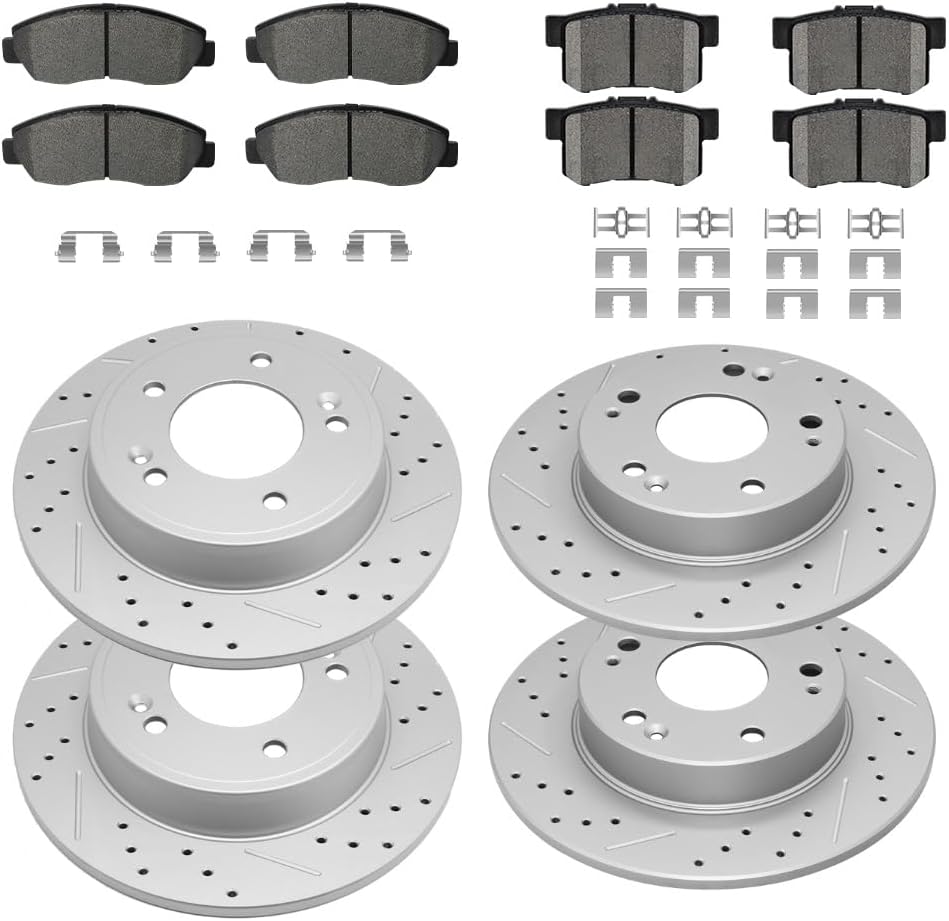 Front and Rear Brake Kit, Drilled and Slotted Disc Brake Rotor With Ceramic Pads for Honda Civic 2006 2007 2008 2009 2010 2011