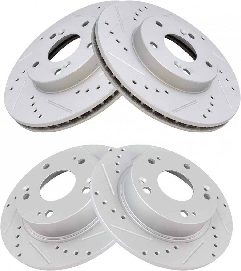 TRQ Brake Rotors Set Performance Premium G-Coated Slotted X Drilled Front & Rear Compatible with 2003-2007 Honda Accord