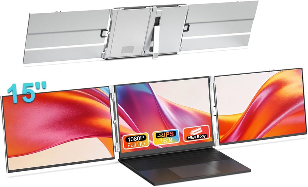 VSDISPLAY 15'' Triple Laptop Screen Extender, 1920x1080 IPS Foldable Dual Monitors for Laptop, USB-C & Mini H/D Portable Travel Display for 13.3-16'' Laptops