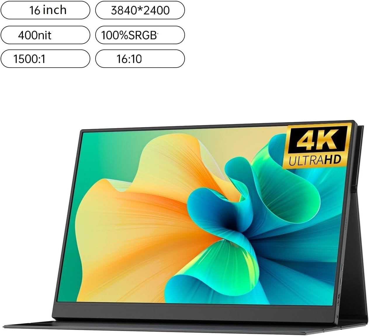 Portable Monitor for Laptop 100% sRGB 400nit Brightness Second Screen Portable 16-inch 4K HD IPS External Portable Gaming Monitor