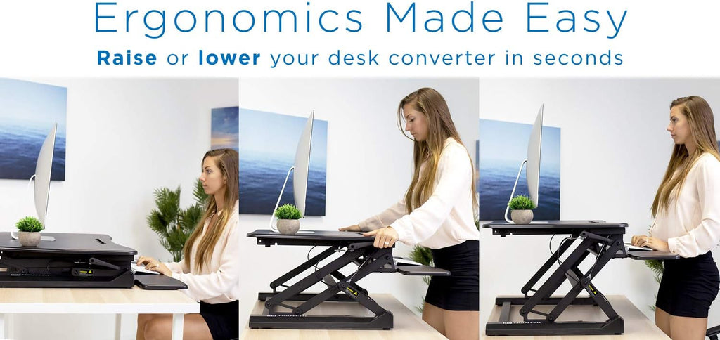 Mount-It! 35.5' Standing Desk Converter with Keyboard Tray – Adjustable Sit Stand Desk Riser for Dual Monitors – Dual Gas Spring Height Adjustable Desktop Workstation Topper – Black