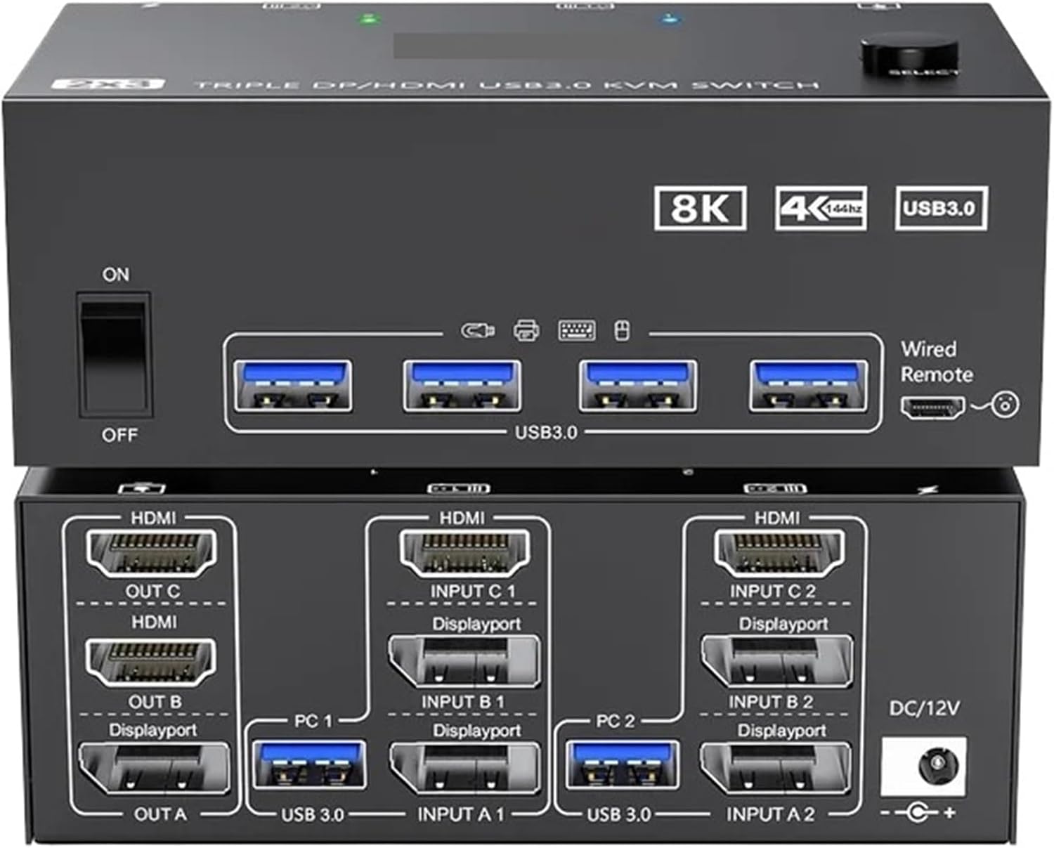 KVM Switch 3 Monitors 2 Computers 8K@60Hz 4K@144Hz 2 Displayport HDMI USB 3.0 KVM Switch Triple Monitor with 4 USB Port(UK Plug)