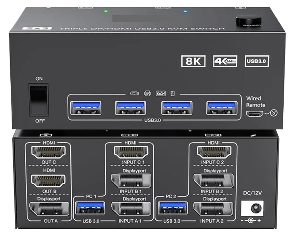 KVM Switch 3 Monitors 2 Computers 8K@60Hz 4K@144Hz 2 Displayport HDMI USB 3.0 KVM Switch Triple Monitor with 4 USB Port(EU Plug)