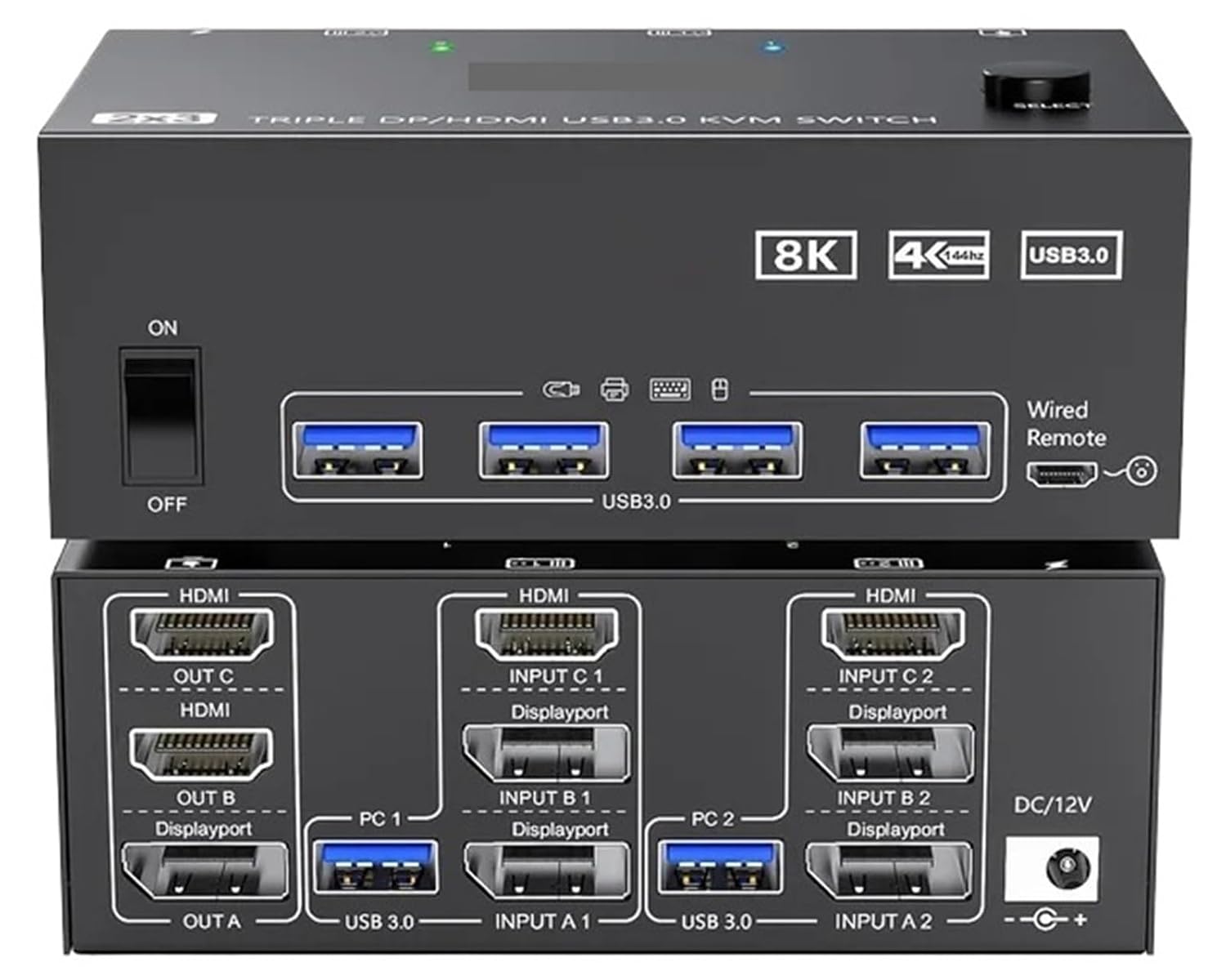 KVM Switch 3 Monitors 2 Computers 8K@60Hz 4K@144Hz 2 Displayport HDMI USB 3.0 KVM Switch Triple Monitor with 4 USB Port(EU Plug)