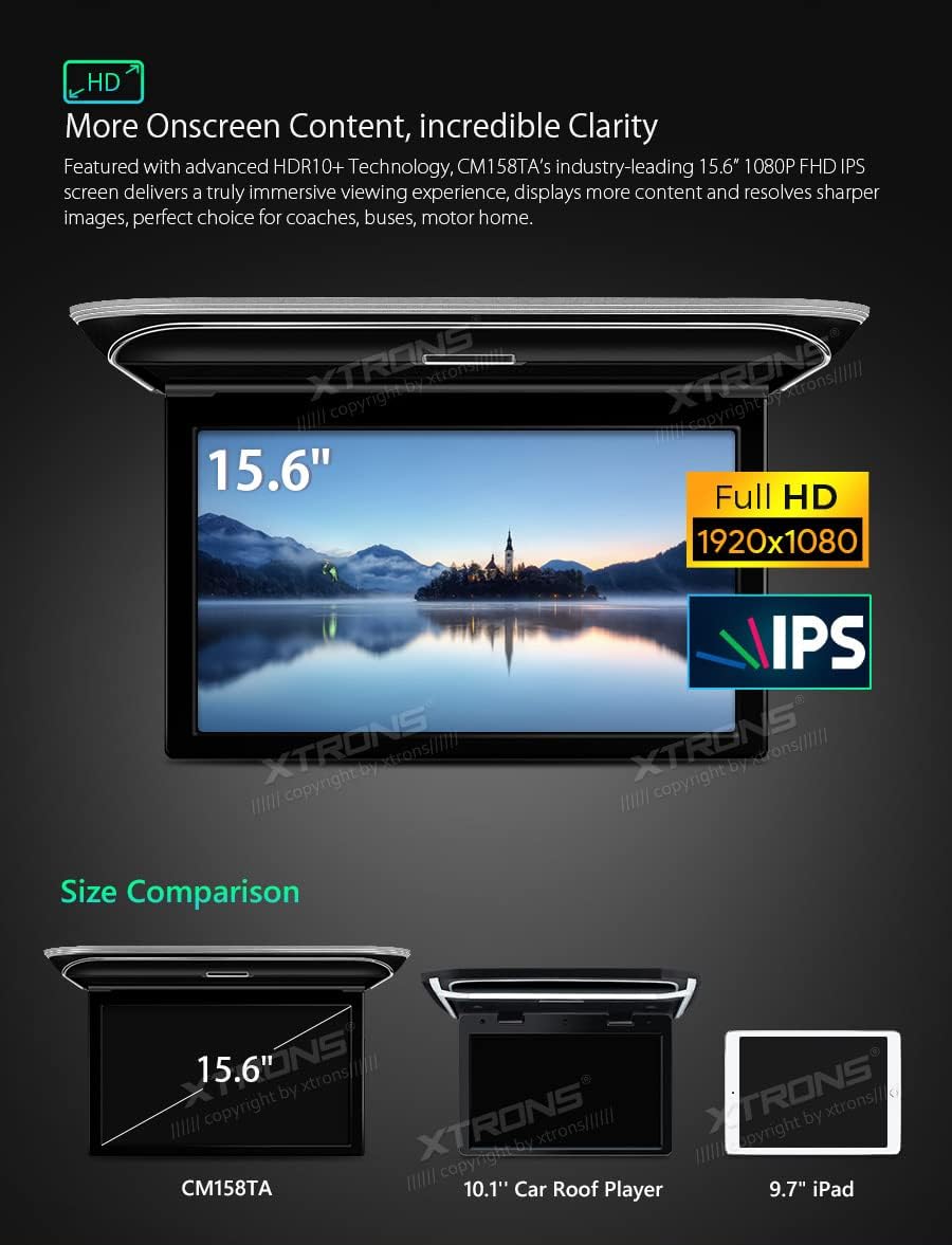 XTRONS Android Car Overhead Player 15.6' Wide IPS Touch Screen 8K Video Car Roof Mount Monitor with Built-in Stereo Speakers Flip Down Overhead Car Monitor Support Bluetooth, WiFi, HDMI, USB, IR