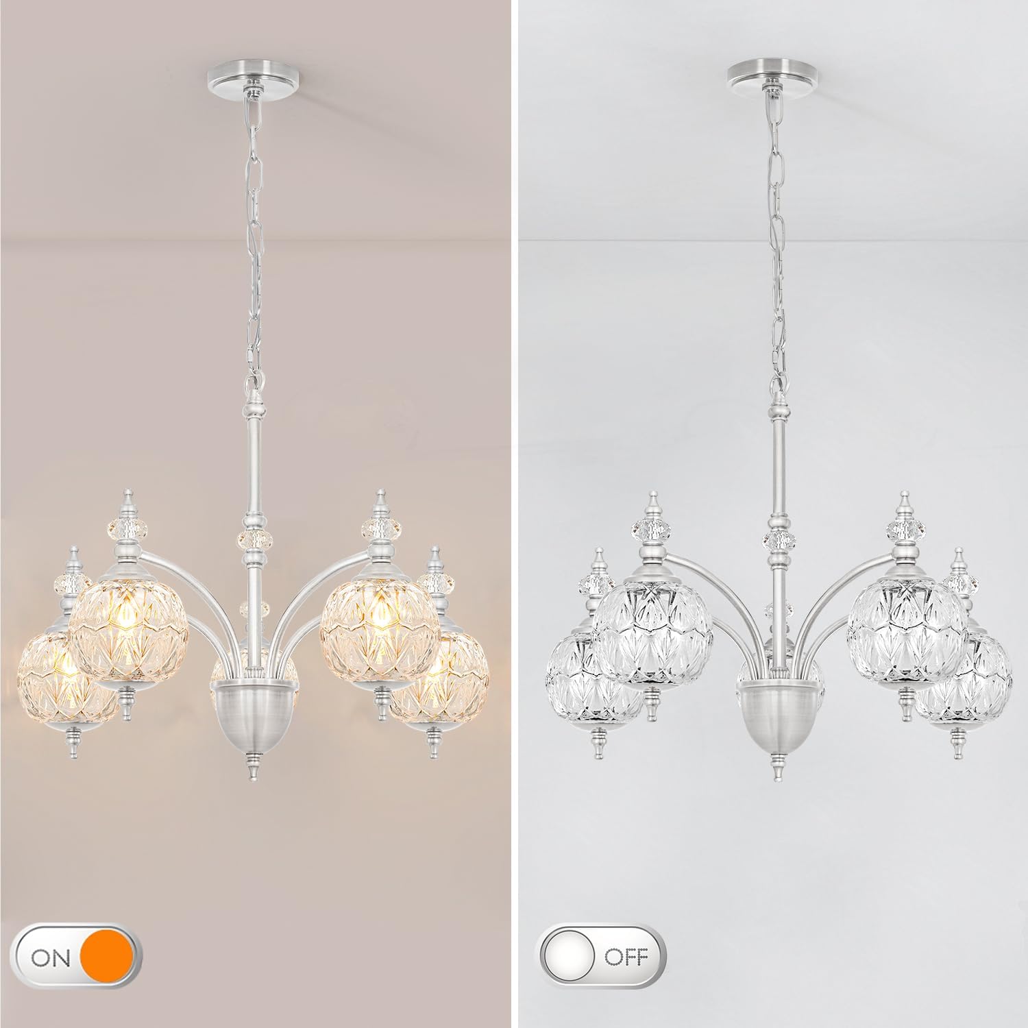 Vintage Brushed Nickel Chandelier - Adjustable Height Dining Room Light Fixture with Handcrafted Blown Glass - 5-Light G9 Base, Ideal for Kitchen, Entryway, Enhances Luxury Home Decor for Discerning
