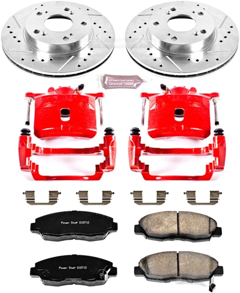 PowerStop Front Brake & Caliper Kit for Honda Civic 2006-11 - Carbon-Fiber Ceramic Brake Pads + Drilled & Slotted Rotors + Red Powder Coated Calipers, KC2384A