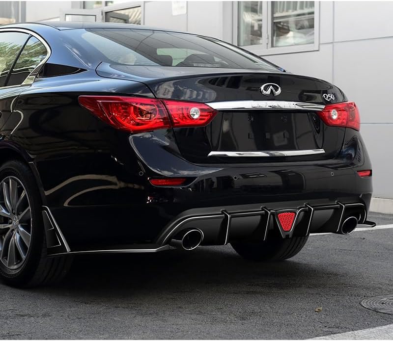 Stay-Tuned Rear Bumper Diffuser Spoiler Lip W/LED Brake Light Compatible with 2014-2017 Infiniti Q50, Auto Body Kit Replacement Parts, Car Mods Exterior Accessories (Painted Black/Red LED)
