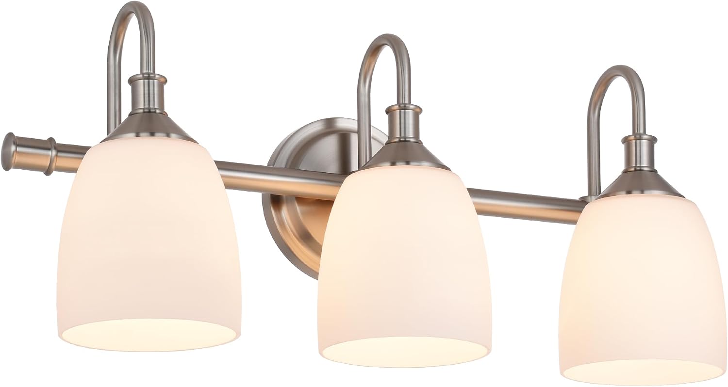 3-Light Bathroom Vanity Light Fixtures Over Mirror, Vintage Vanity Lights for Living Room, Milk White Glass Shades, Standard E26 Base, Brushed Nickel