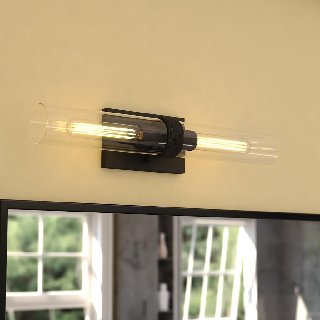 VAXCEL Bari 2-Light 4.5 in. Wide Matte Black Contemporary Wall Sconce, Clear Glass Shade, Dimmable, LED Compatible, Vertical or Horizontal Mount, Steel Bathroom Vanity Lighting Fixture