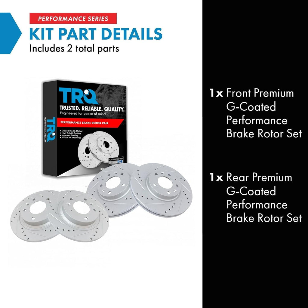TRQ Performance Front and Rear Brake Rotor Set G Coated Drilled Slotted Vented Solid Compatible with 06-12 Ford Fusion 2006 Lincoln Zephyr 07-12 Lincoln MKZ 06-13 Mazda 6 06-11 Mercury Milan