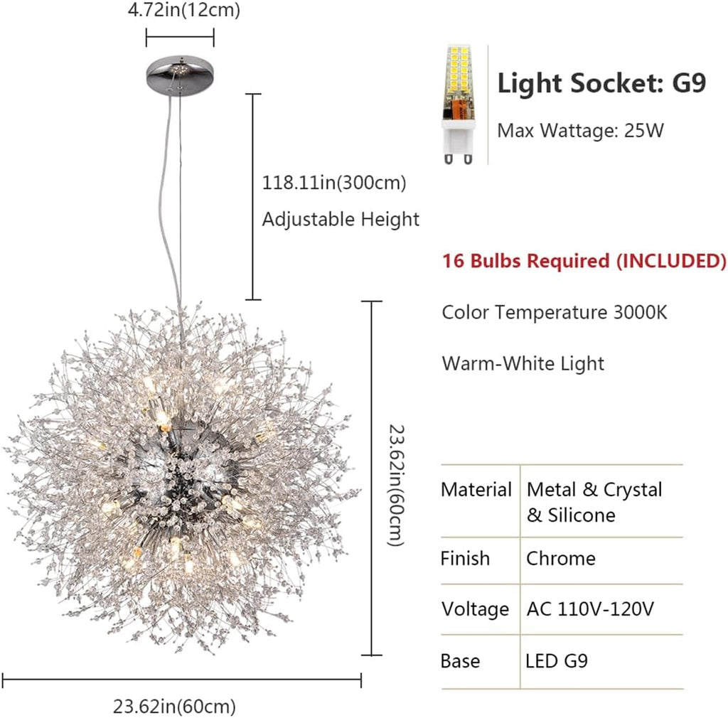 Crystal Chandeliers Dandelion, 16-Light Chrome Stainless Steel Firework Chandeliers for Living Room, 23.6' Modern Chandelier Light Fixture for Bedroom Foyer