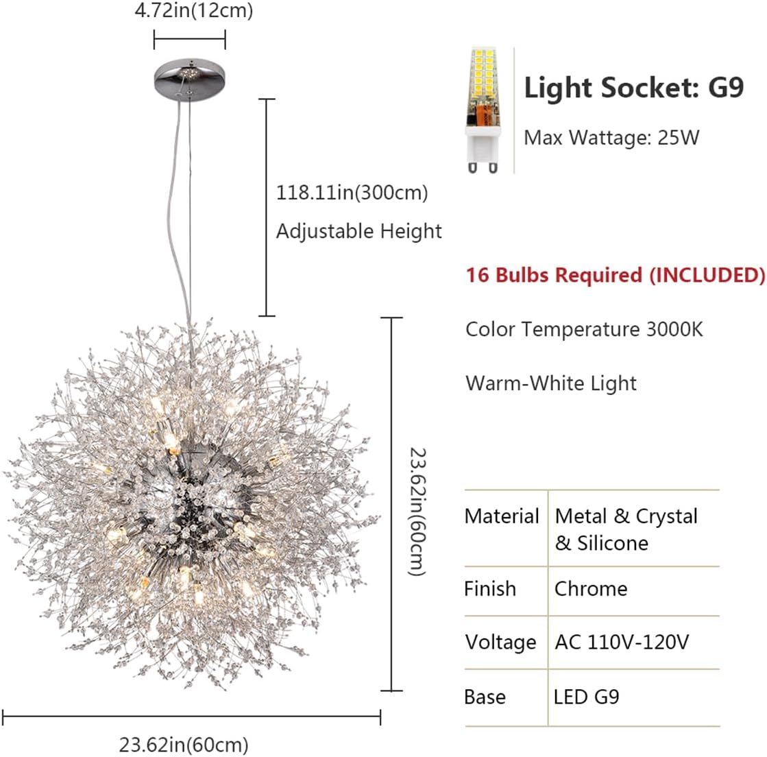 Crystal Chandeliers Dandelion, 16-Light Chrome Stainless Steel Firework Chandeliers for Living Room, 23.6' Modern Chandelier Light Fixture for Bedroom Foyer