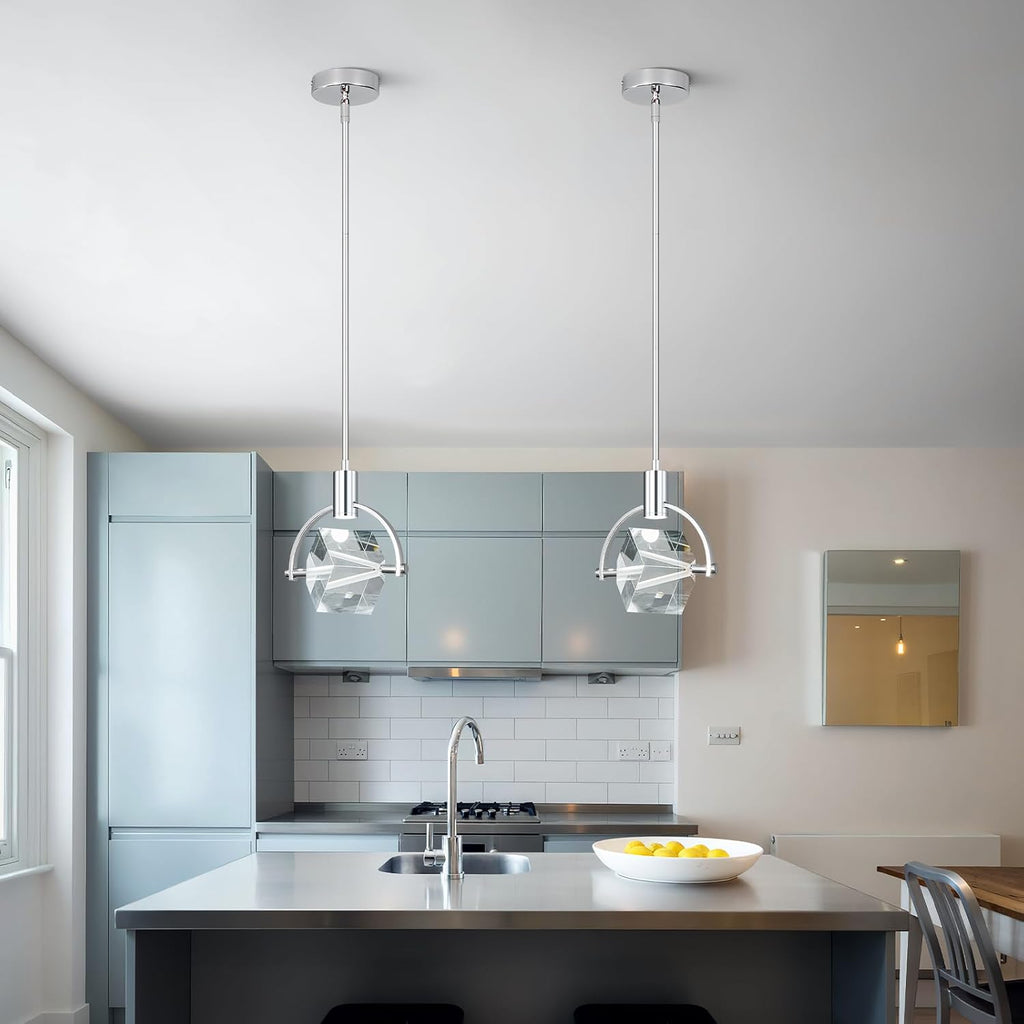 Pendant Ceiling Light Fixture for Kitchen Island, Modern Mini Integrated LED Hanging Light, Crystal Pendant Light in Chrome, Bedroom, Dining Room, Bar (1-Lights)