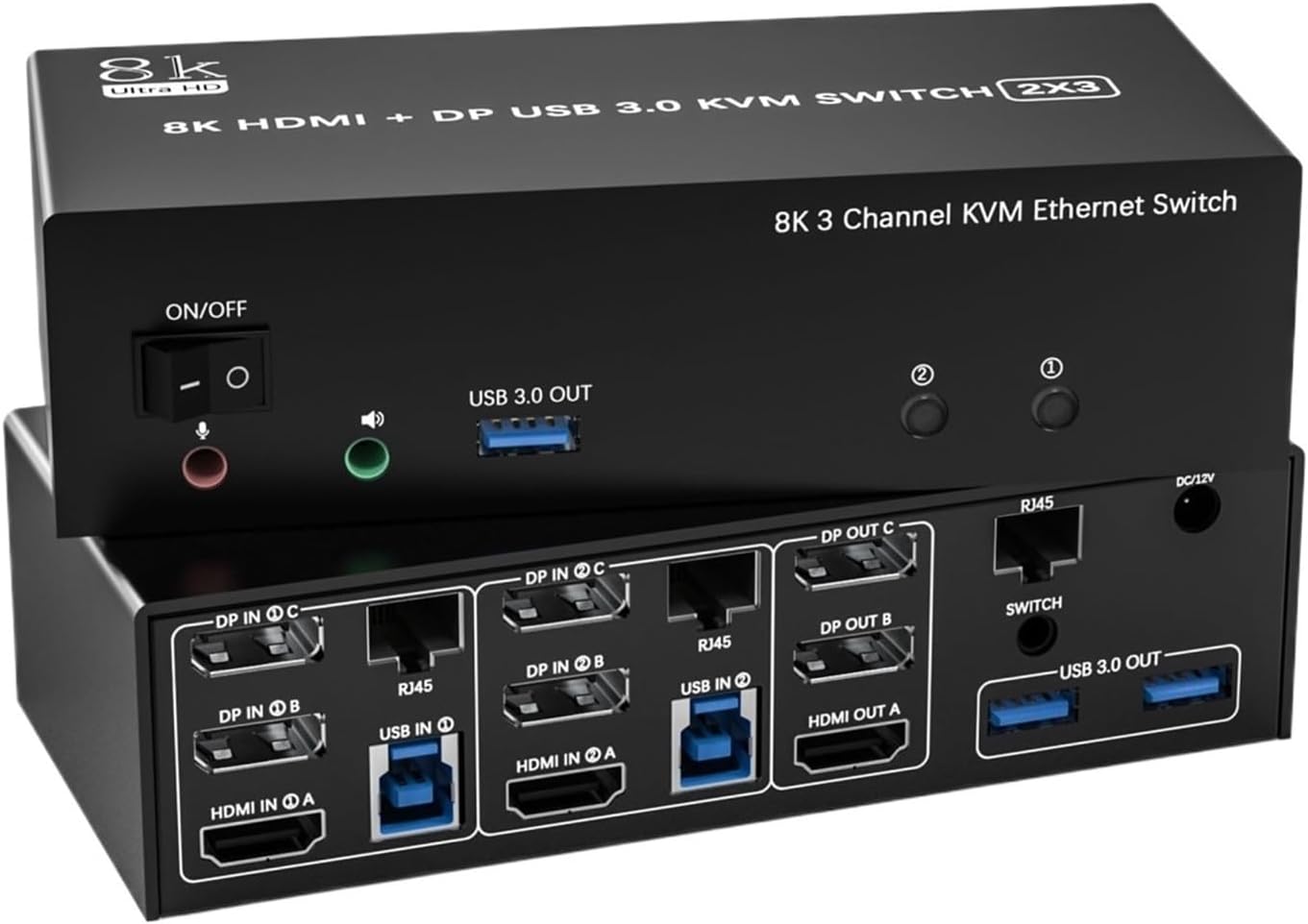 KVM Switch 3 Monitors 2 Computers Share 1000Mbps Ethernet,2 Displayport + HDMI USB3.0 KVM Switch Triple Monitor(EU Plug Adapter)