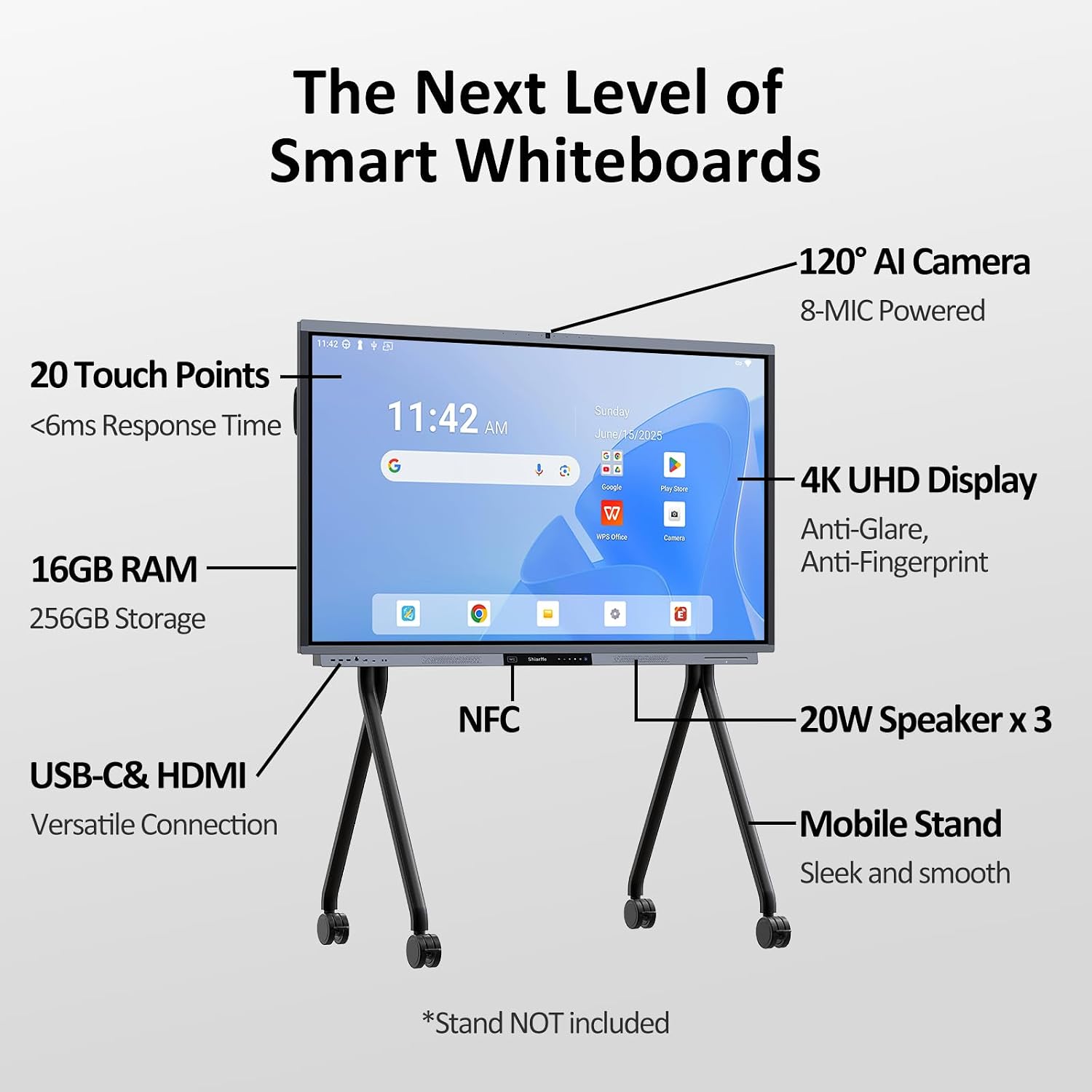 Shiarffe R9 Smart Board 86 Inch 4K Interactive Whiteboard 16GB RAM + 256GB Storage All-in-One Touchscreen Monitor Built-in 50MP AI Camera Mics and 60W Speaker for Classrom Hybrid Work (Board Only)