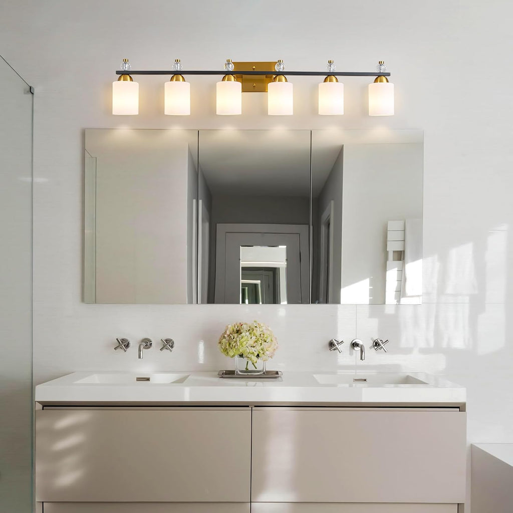 White Glass Bathroom Vanity Light Fixtures 6 Light Mid Century Black Gold Vanity Light Over Mirror Modern Vanity Lights for Bathroom Mirror Hallway E26 Socket (Bulbs Not Included)