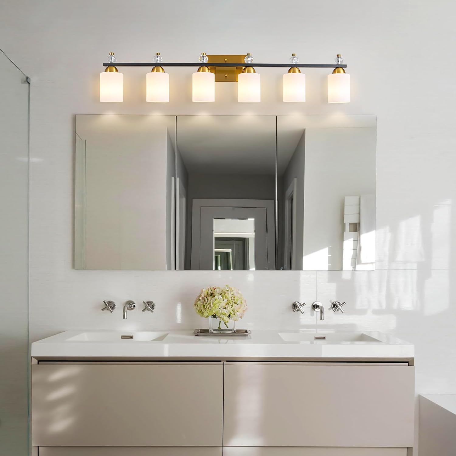 White Glass Bathroom Vanity Light Fixtures 6 Light Mid Century Black Gold Vanity Light Over Mirror Modern Vanity Lights for Bathroom Mirror Hallway E26 Socket (Bulbs Not Included)