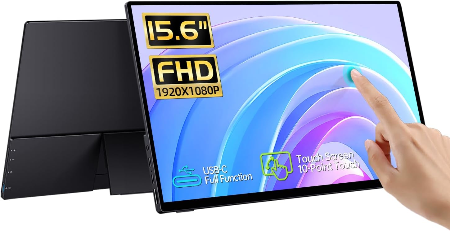 CAPERAVE Portable Monitor Touchscreen 15.6'', FHD IPS Touch Screen Monitor with Tempered Glass, Ultra Slim with Kickstand & Speaker, HDMI USB C External Screen for Laptop PC