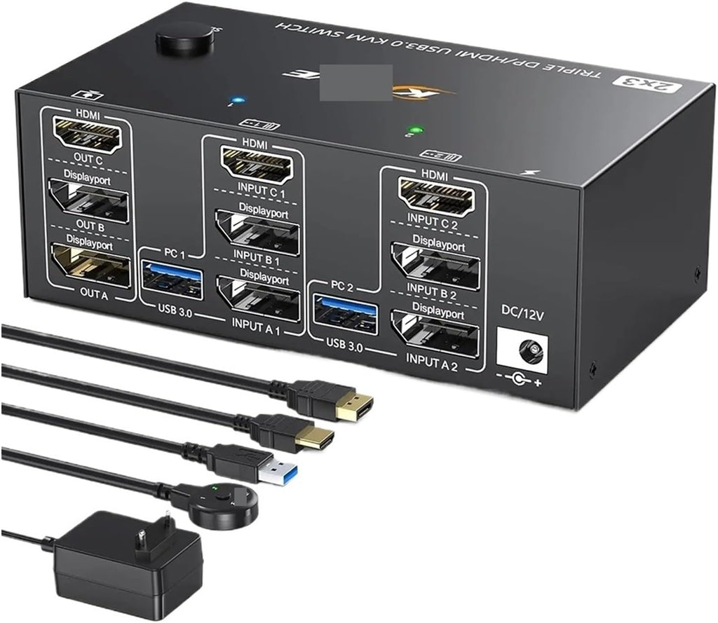 Triple Monitors KVM Switch,2 Displayport + HD-MIUSB KVM Switch 8K@60Hz,4K@144Hz 3 Monitors 2 Computers KVM with 4 USB 3.0 Ports(US Plug)