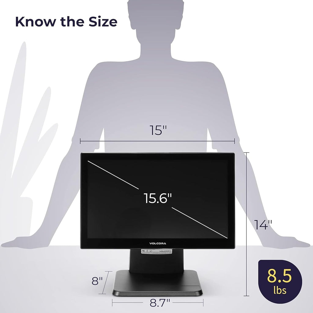 Volcora 15.6' Black LED Touch Screen Monitor with Metal Stand - Backlit 1366 * 768 with VGA HDMI Connection for Small Business, Restaurant, Office - No Driver Required (Not Compatible with macOS/iOS)