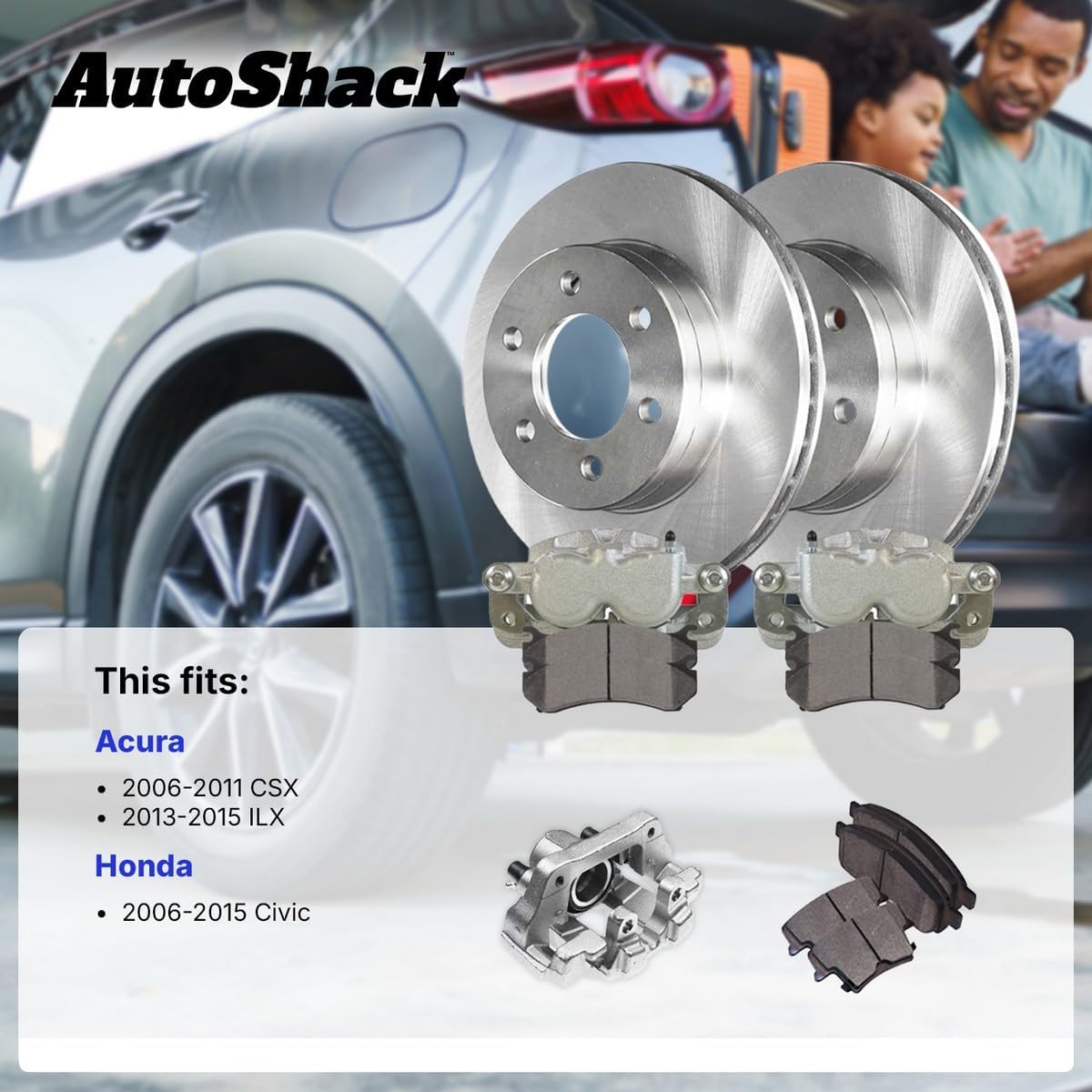 AutoShack Rear Brake Rotors, Ceramic Pads & Calipers for Honda & Acura, Civic 2006-2015 ILX 2013-2015 CSX 2006-2011, FWD L4 1.3L 1.5L 1.8L 2.0L 2.4L - 10.24' (260 mm), 5-Lug