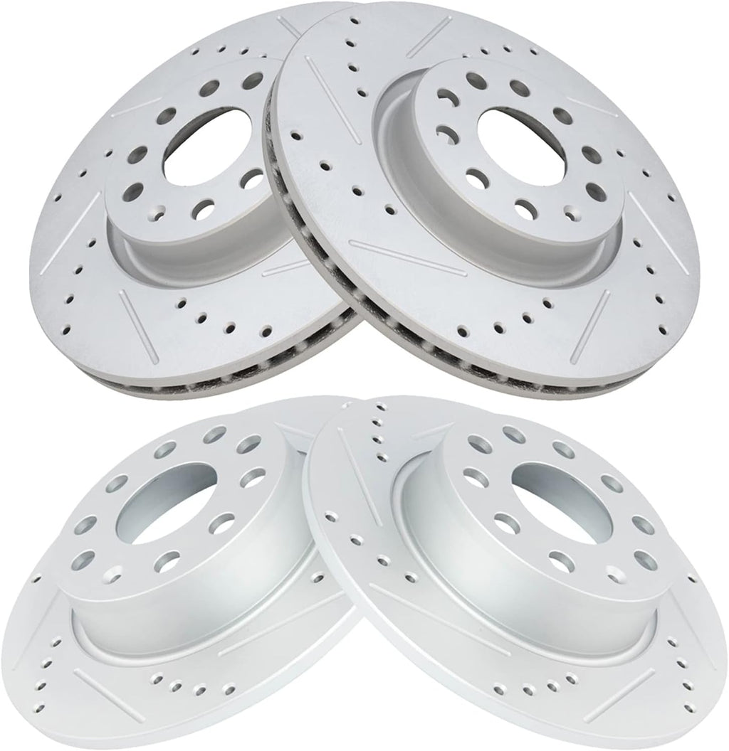 TRQ Front & Rear Brake Rotors Set Performance Premium G-Coated Slotted X Drilled Compatible with 09-20 Audi 09-21 Volkswagen