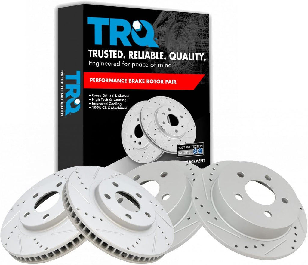 TRQ Performance Front and Rear Brake Rotor Set G Coated Drilled and Slotted Compatible with 2000-2005 Chevrolet Impala Monte Carlo 1998-1999 Oldsmobile Intrigue