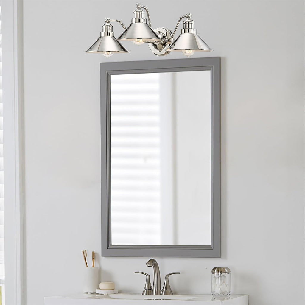 Kira Home Welton 25.5' 3-Light Modern Farmhouse Vanity Light with Funnel Shades, Industrial Wall Sconce Bathroom Light, Polished Nickel Finish