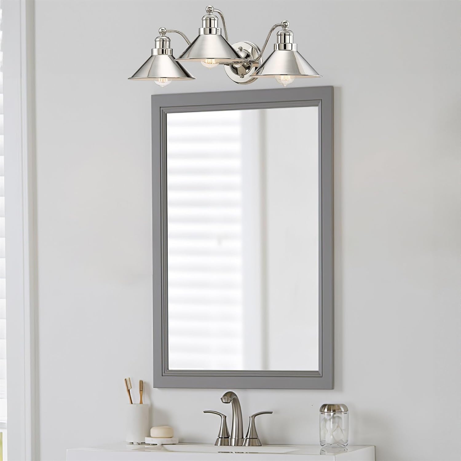 Kira Home Welton 25.5' 3-Light Modern Farmhouse Vanity Light with Funnel Shades, Industrial Wall Sconce Bathroom Light, Polished Nickel Finish