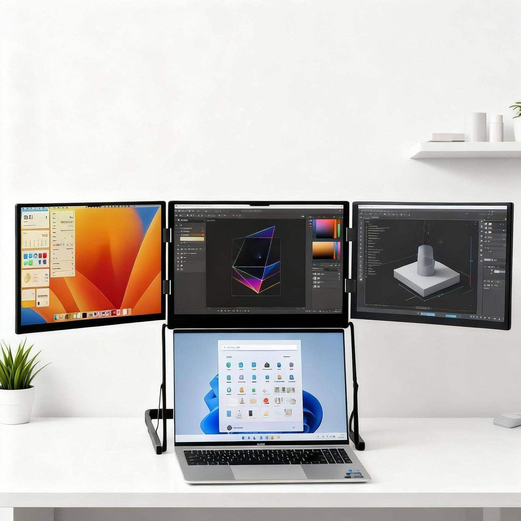 Tri-Fold Laptop Monitor, 15.6' Pro Premium Laptop Screen Extender, Type-C/HDMI/USB-C with 360° Rotation Adjustable Viewing Angles Compatible for Windows and Mac, for Office and Remote Work