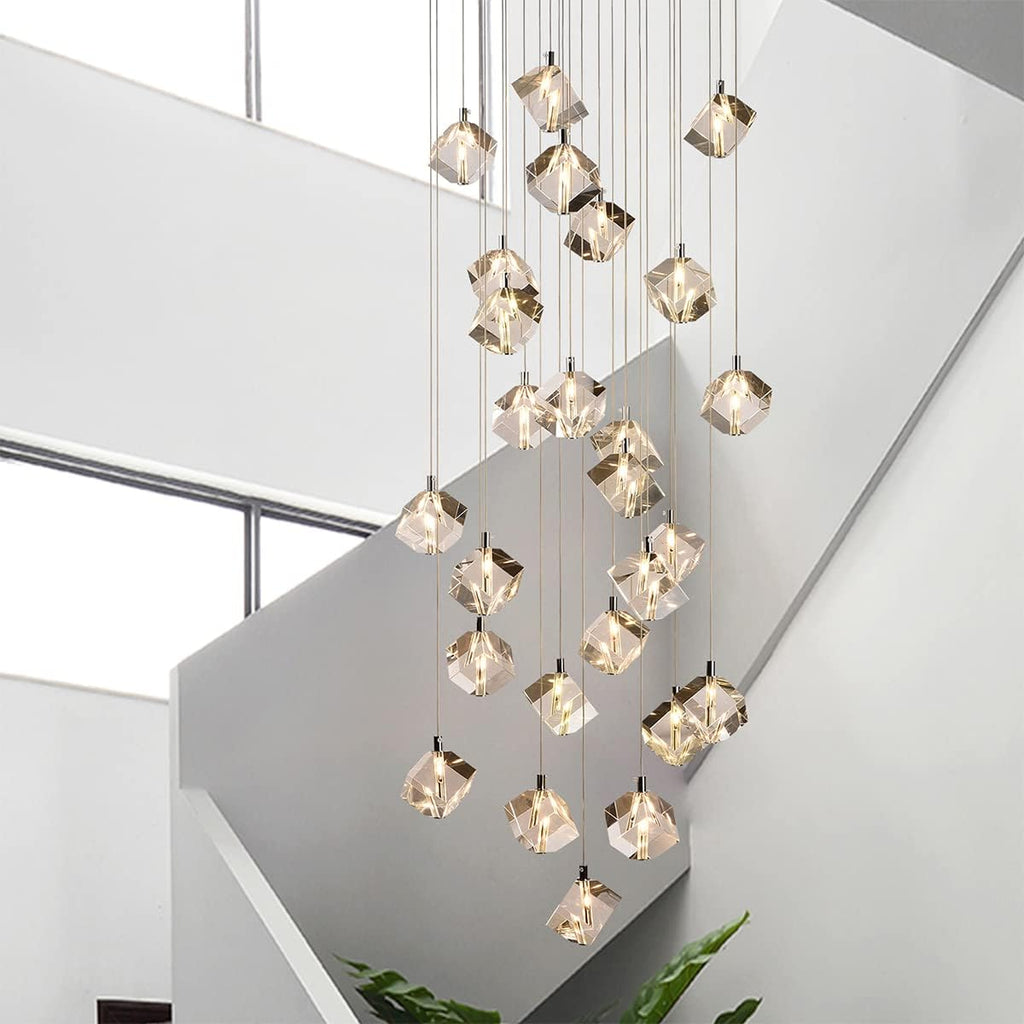 Cube Crystal Staircase Chandelier, 26-Light Raindrop Pendant High Ceiling Chandelier for Staircase, 78W Long Length Clear Crystal Pendant Hanging Light Fixture for Entryway