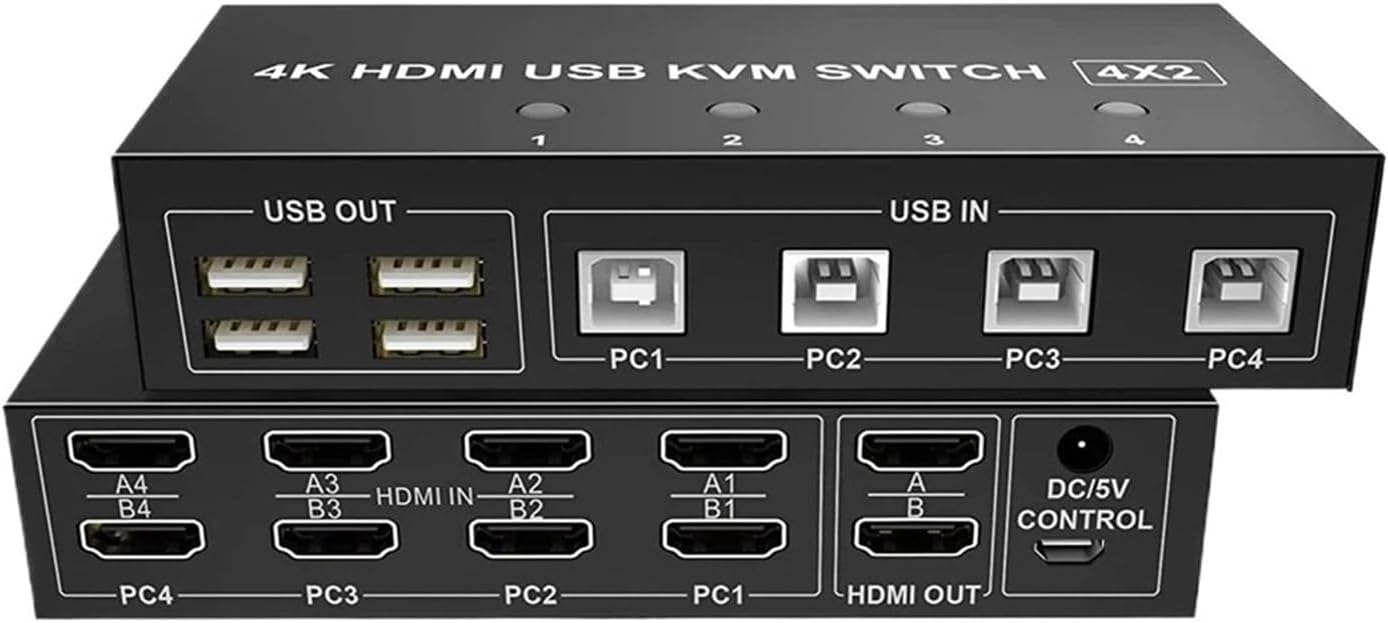 4 Port HDMI KVM Switch 4X2 Dual Monitor 4K@60Hz Extended Display DP USB KVM Switch 4 in 2 Out for 4 PC Share Keyboard Mouse(ZY-AD42,EU Power Plug)