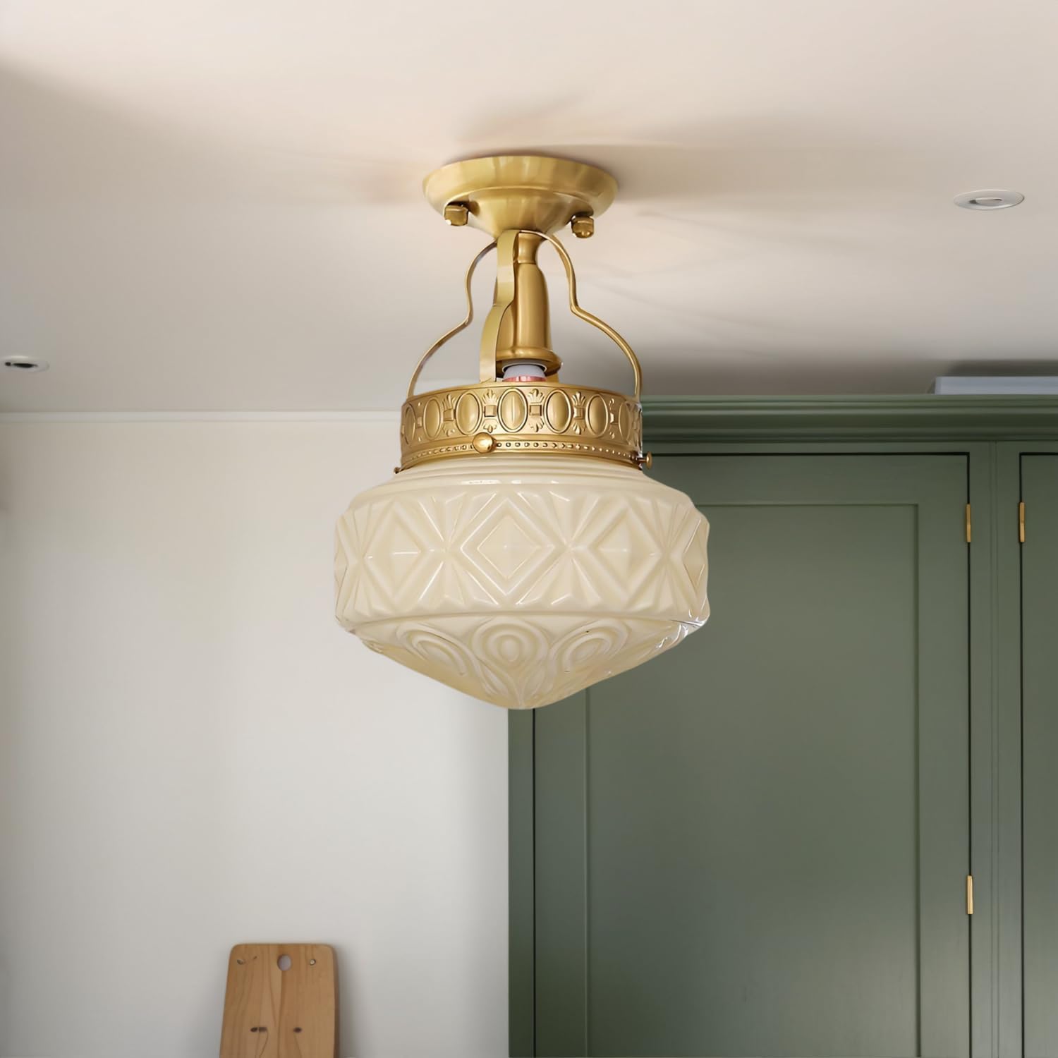 Bofea-Gold Semi Flush Mount Ceiling Light,Brass Light Fixture,Vintage Milk Yellow Glass Flush Mount Ceiling Lights,Hallway Light Fixtures,Mid Century Chandelier for Foyer Bedroom Bathroom