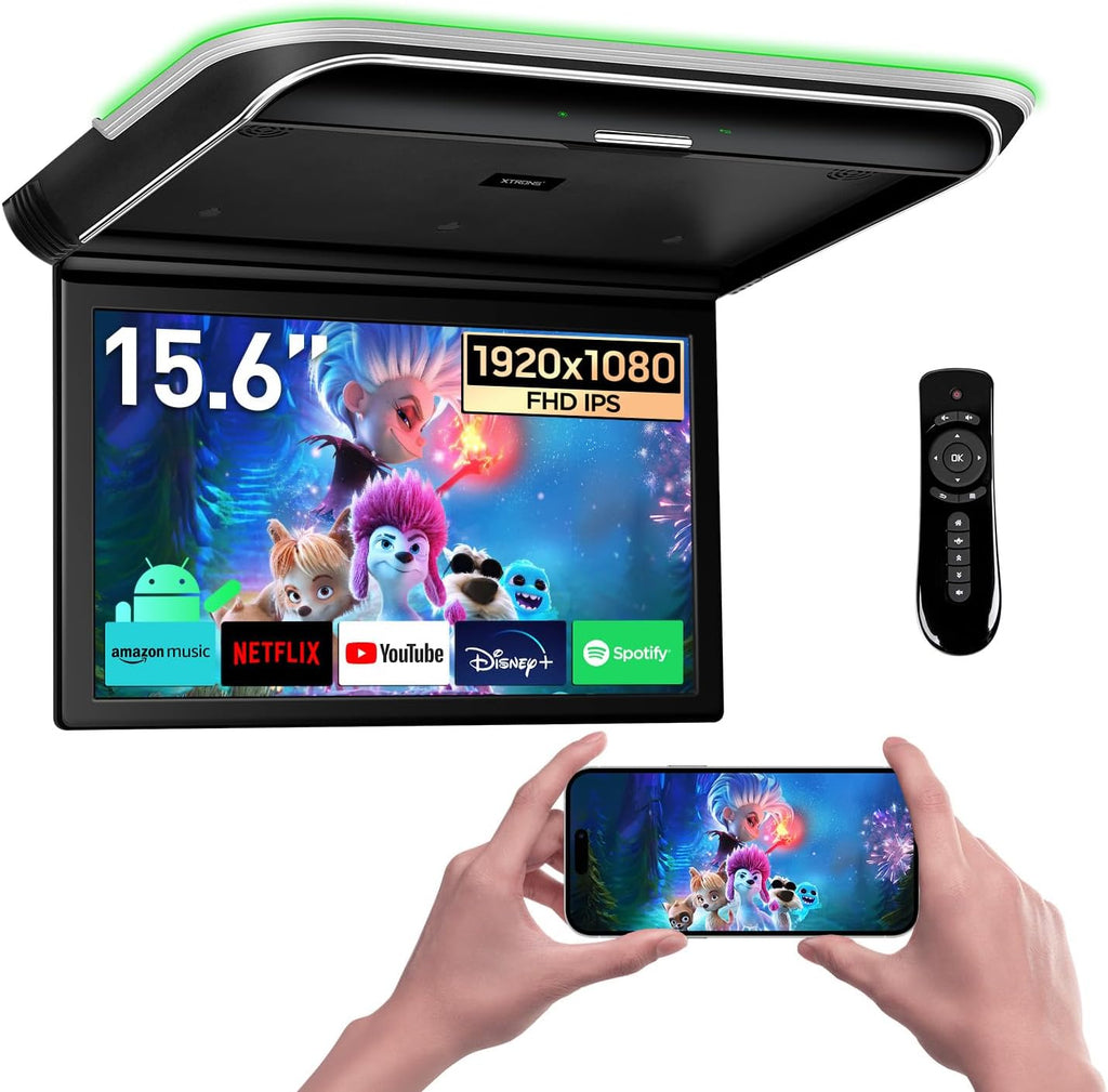 XTRONS Android Car Overhead Player 15.6' Wide IPS Touch Screen 8K Video Car Roof Mount Monitor with Built-in Stereo Speakers Flip Down Overhead Car Monitor Support Bluetooth, WiFi, HDMI, USB, IR