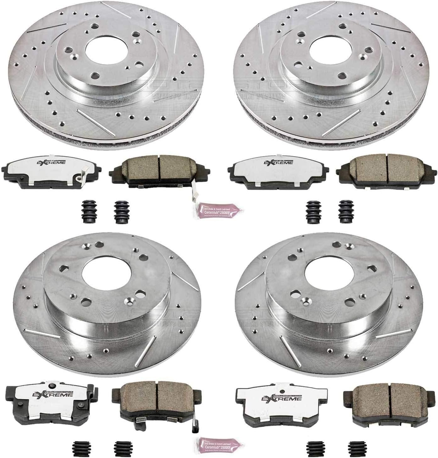 PowerStop Front and Rear Brake Kit for Honda Civic 2006-11 - Carbon-Fiber Ceramic Z26 Brake Pads + Drilled & Slotted Rotors Upgrade, K2440-26