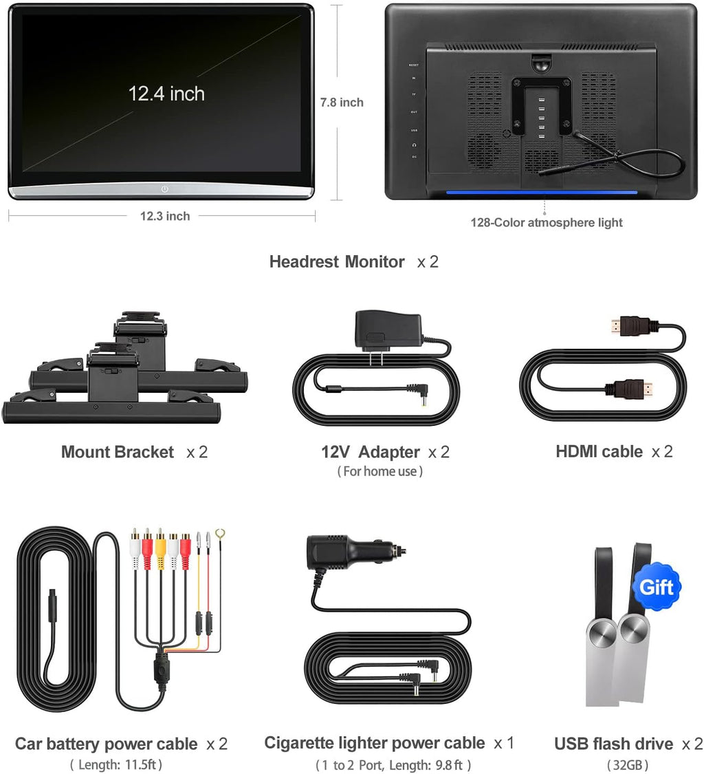 Seventour 12.4' Android 4K Car TV Headrest Monitor Tablet for Back seat, Support Phone Wireless Connection Mirror Link Touch Screen,with WiFi/Bluetooth/HDMI/USB/FM/AV in/SD/Airplay Video Player(2*pcs)