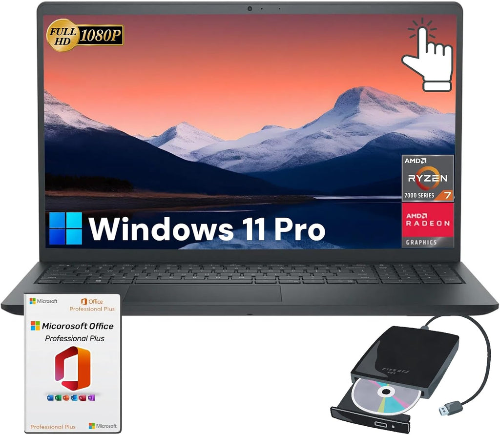 Dell Inspiron 3535 Touchscreen Laptop - 15.6' FHD Laptop for Business & Student, AMD Ryzen 7 7730U(8-Core), Windows 11 Pro & Lifetime Microsoft Office, Copilot, Wi-Fi + Bluetooth | 16GB RAM + 1TB SSD