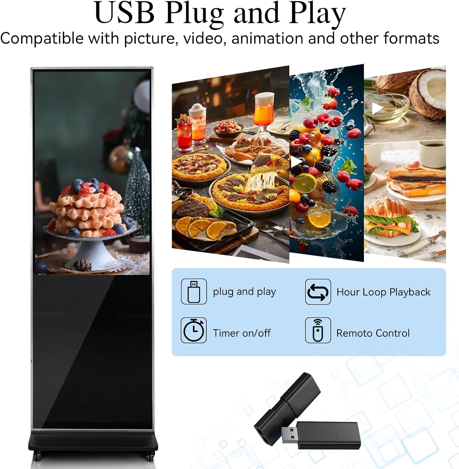 43' 4K LCD Touchscreen Digital Signage Display, Indoor Floor Standing Advertising Kiosk, Commercial Digital Signage Player, HDMI WiFi Bluetooth Input Auto AD Player, 4+32GB Android 14.0 Black